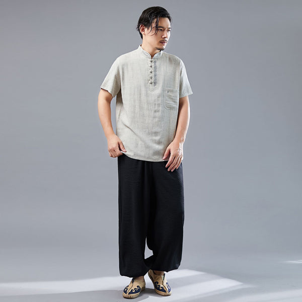Men Asian Style Sand-Washed Short Sleeved T-shirt with Pocket Tops