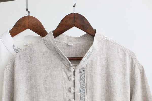 Men Asian Style Sand-Washed Short Sleeved T-shirt with Pocket Tops