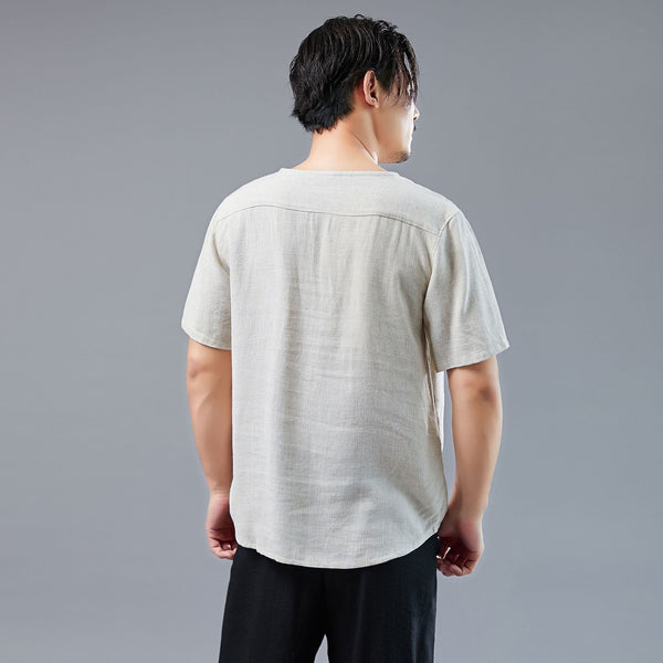 Men Asian Style Linen and Cotton Round-neck Short Sleeved T-shirt