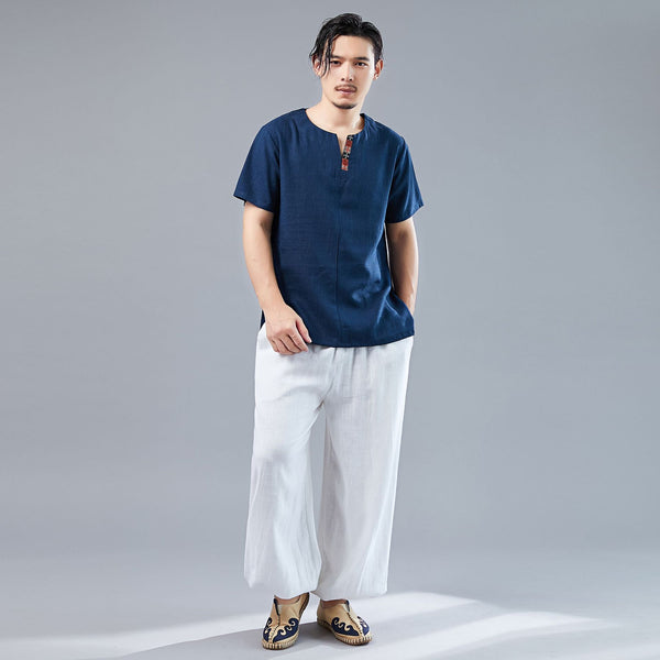 Men Asian Style Men Casual Linen and Cotton Short Sleeved T-shirt Tops