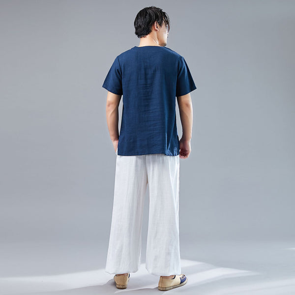 Men Asian Style Men Casual Linen and Cotton Short Sleeved T-shirt Tops