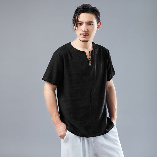 Men Asian Style Men Casual Linen and Cotton Short Sleeved T-shirt Tops
