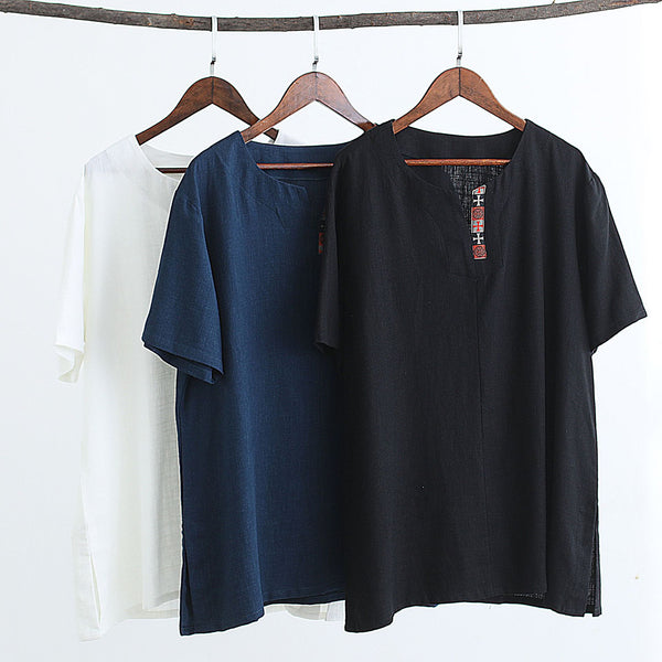 Men Asian Style Men Casual Linen and Cotton Short Sleeved T-shirt Tops