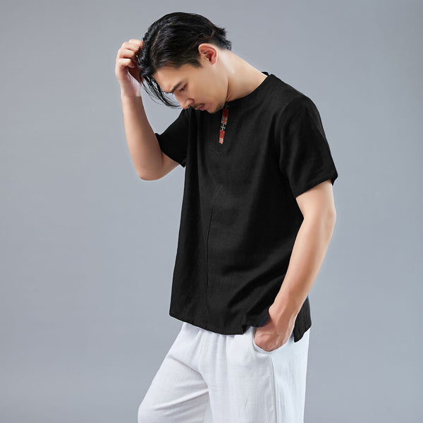 Men Asian Style Men Casual Linen and Cotton Short Sleeved T-shirt Tops
