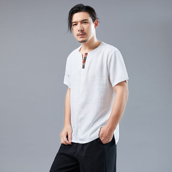 Men Asian Style Men Casual Linen and Cotton Short Sleeved T-shirt Tops