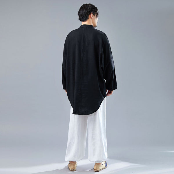 Men Tai Chi Loose Style Water-washed Linen Long Sleeved Cardigan Long Shirts