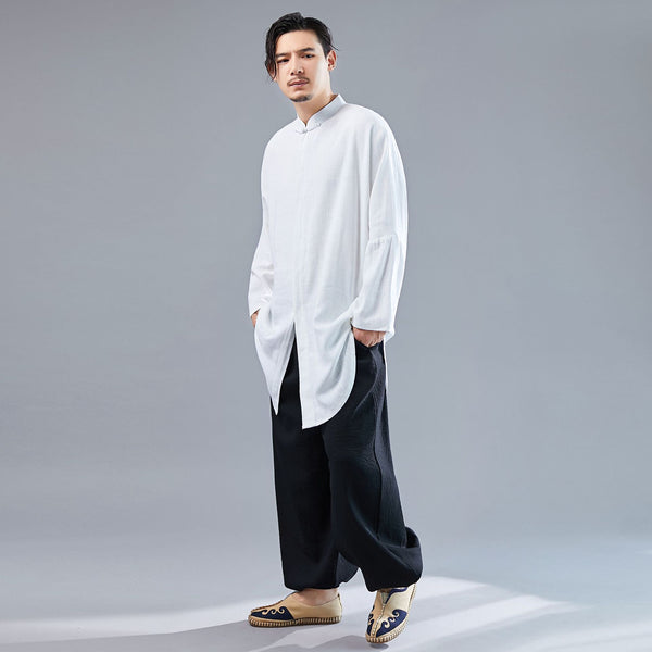 Men Tai Chi Loose Style Water-washed Linen Long Sleeved Cardigan Long Shirts