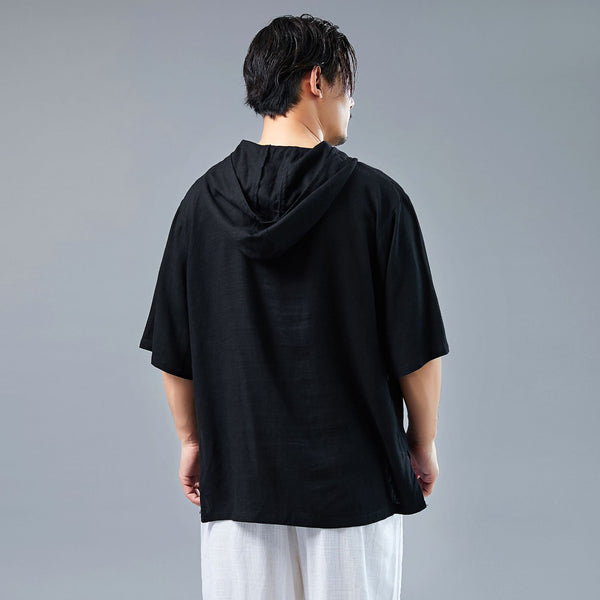 Men Linen and Cotton Pullover Middle Sleeve Tops Hoodie