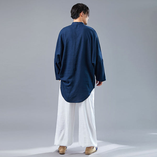 Men Tai Chi Loose Style Water-washed Linen Long Sleeved Cardigan Long Shirts