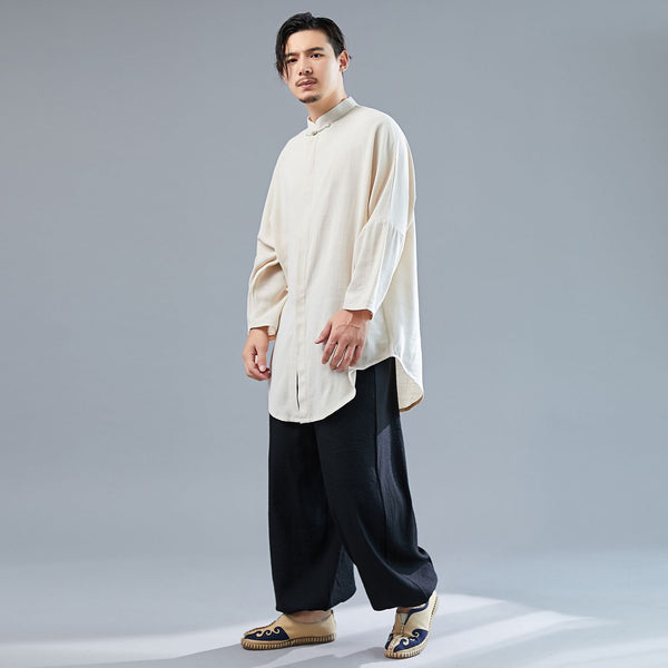 Men Tai Chi Loose Style Water-washed Linen Long Sleeved Cardigan Long Shirts