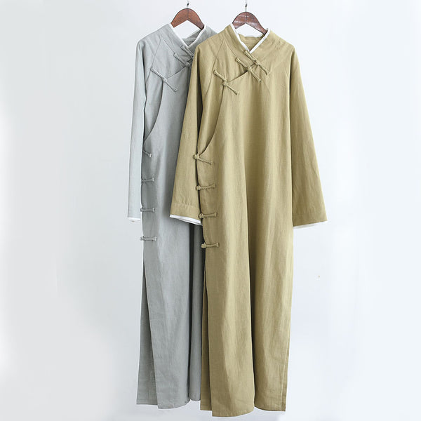 Men Modern Retro Asian Style Linen and Cotton Long Sleeved Cheongsam Long Shirts