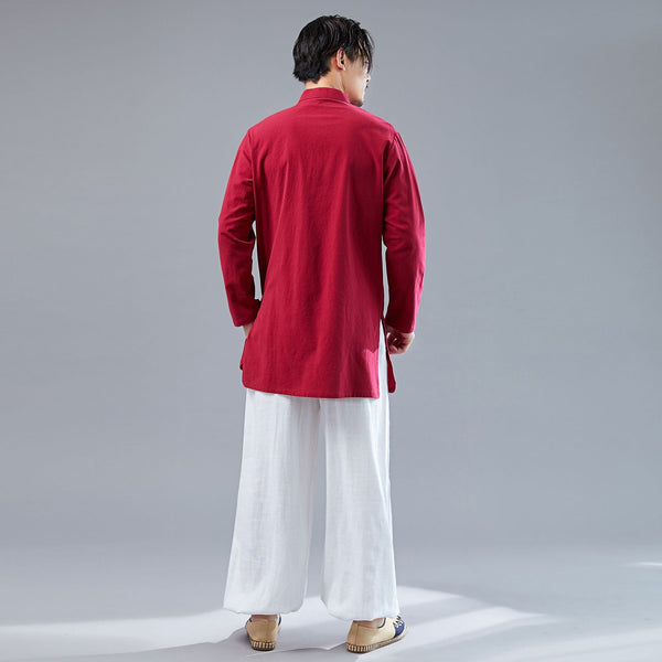 Men KungFu Style Water-washed Linen and Cotton Long Sleeved Cardigan Middle Long Shirts
