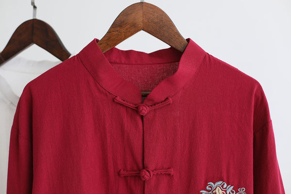 Men KungFu Style Water-washed Linen and Cotton Long Sleeved Cardigan Middle Long Shirts