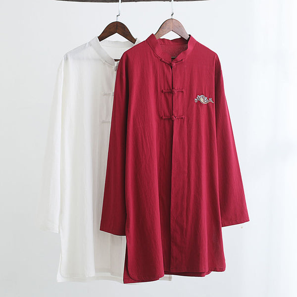 Men KungFu Style Water-washed Linen and Cotton Long Sleeved Cardigan Middle Long Shirts