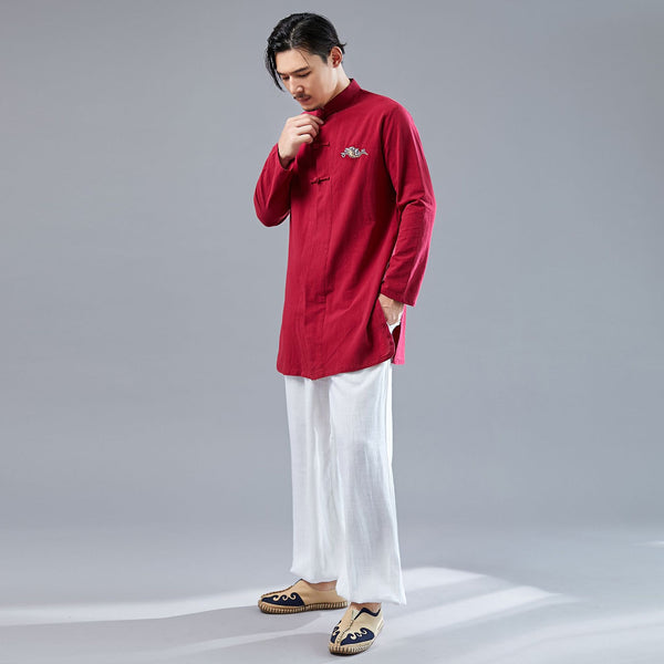 Men KungFu Style Water-washed Linen and Cotton Long Sleeved Cardigan Middle Long Shirts