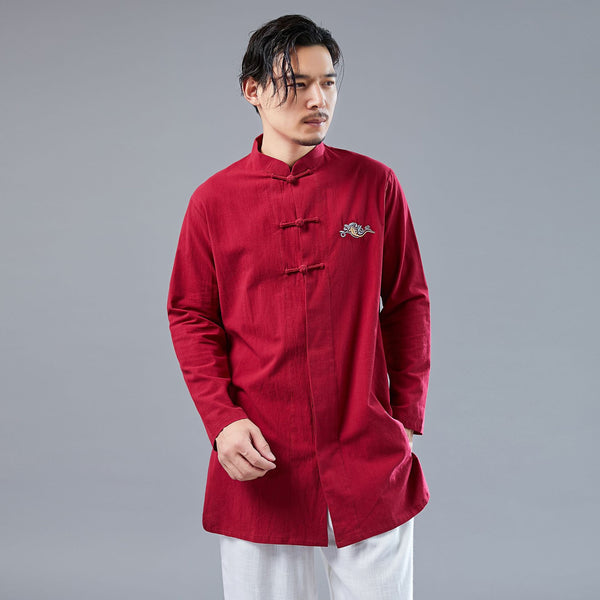 Men KungFu Style Water-washed Linen and Cotton Long Sleeved Cardigan Middle Long Shirts