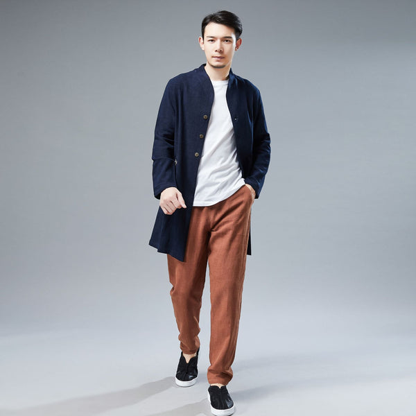 Men Linen and Cotton Middle Length Coat