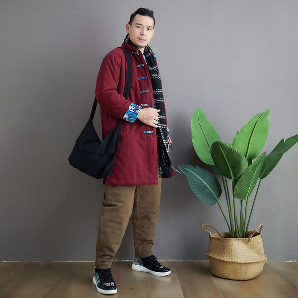 Men Asian KungFu Style Middle Length Linen and Cotton Quilted Coat