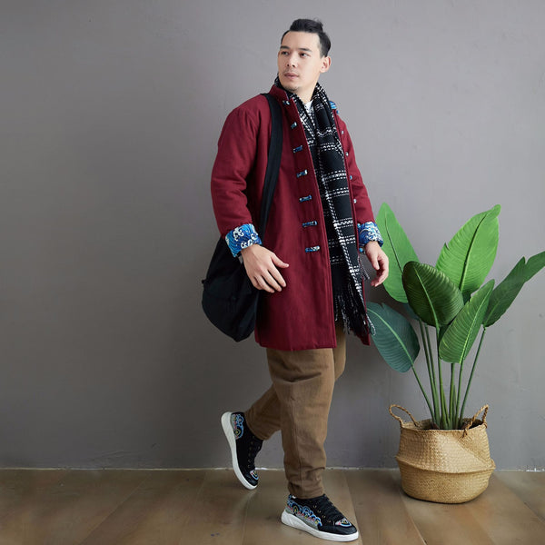 Men Asian KungFu Style Middle Length Linen and Cotton Quilted Coat