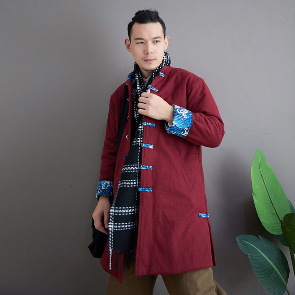 Men Asian KungFu Style Middle Length Linen and Cotton Quilted Coat