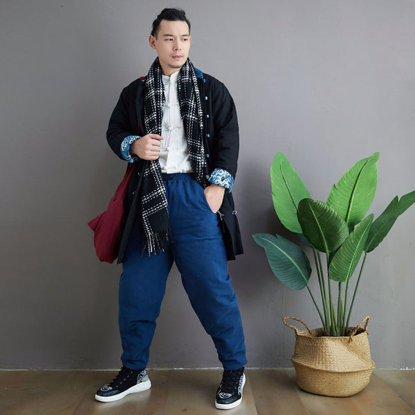 Men Asian KungFu Style Middle Length Linen and Cotton Quilted Coat