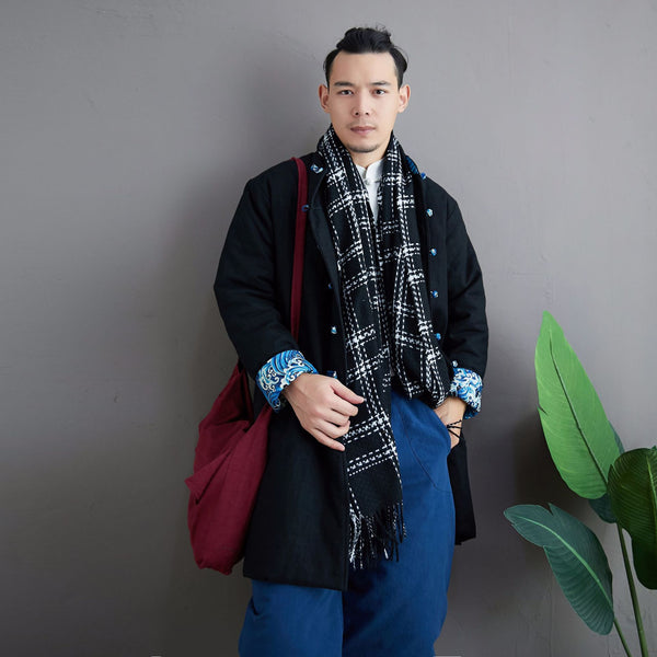 Men Asian KungFu Style Middle Length Linen and Cotton Quilted Coat