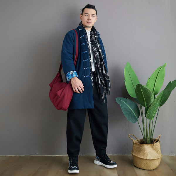 Men Asian KungFu Style Middle Length Linen and Cotton Quilted Coat