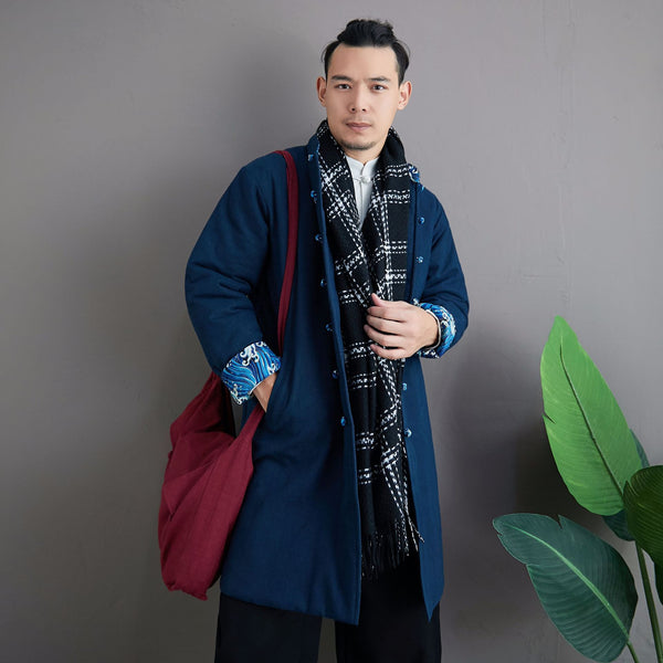 Men Asian KungFu Style Middle Length Linen and Cotton Quilted Coat