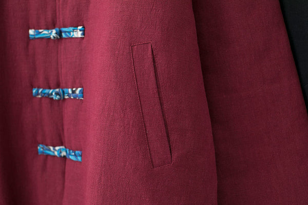 Men Asian KungFu Style Middle Length Linen and Cotton Quilted Coat