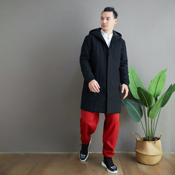 Men Simple Pure Color Style Middle Length Linen and Cotton Quilted Coat with Hoodie