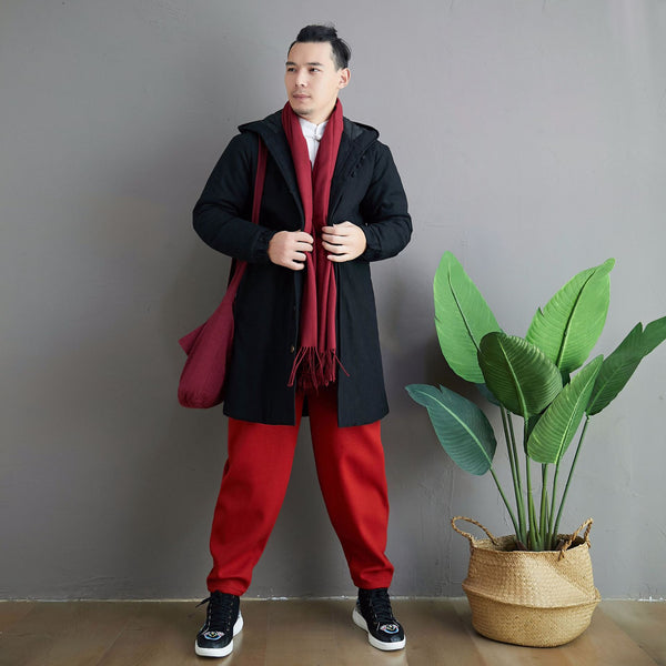 Men Simple Pure Color Style Middle Length Linen and Cotton Quilted Coat with Hoodie