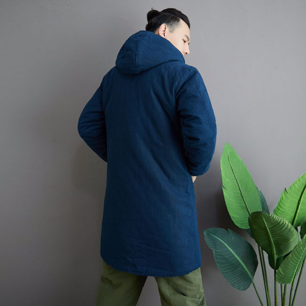 Men Simple Pure Color Style Middle Length Linen and Cotton Quilted Coat with Hoodie