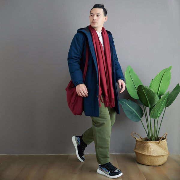 Men Simple Pure Color Style Middle Length Linen and Cotton Quilted Coat with Hoodie