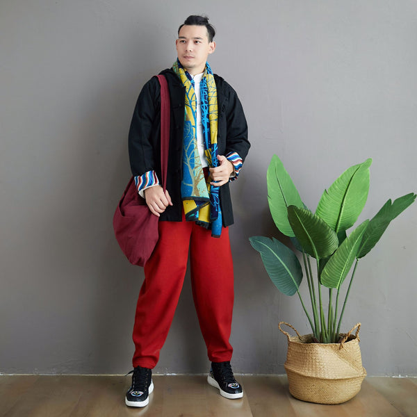 Men Simple Pure Color Style Linen and Cotton Jacket with Hoodie (inner with velvet)