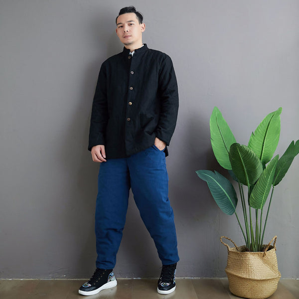 Men Simple Pure Color Style Linen and Cotton Quilted Jacket