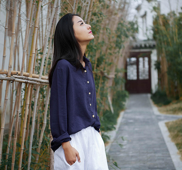 Women Casual Style Sand-washed Linen and Cotton Long Sleeve Shirt