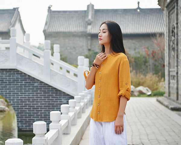 Women Casual Style Wrinkle Linen and Cotton Long Sleeve Cardigan Shirt