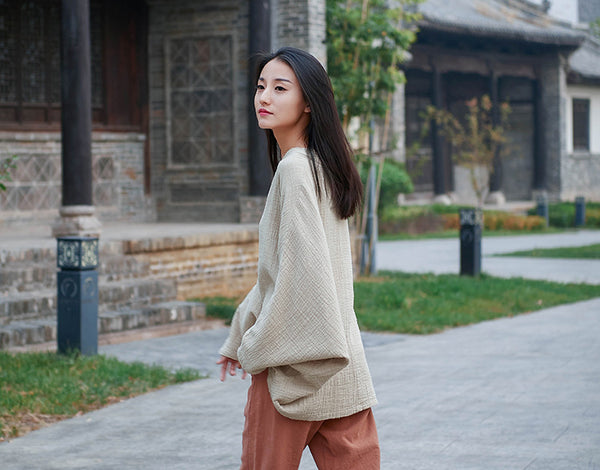 Women Casual Style Linen and Cotton Long Sleeve Loose T-shirt