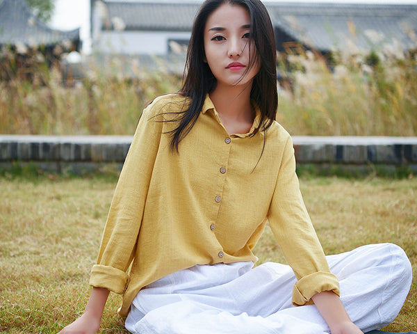 Women Casual Style Sand-washed Linen and Cotton Long Sleeve Shirt