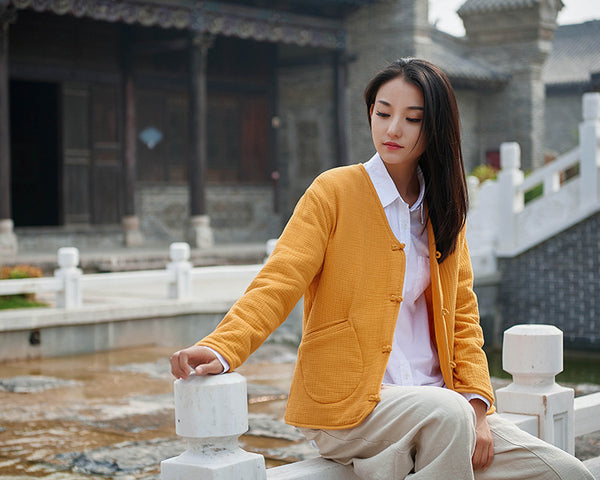 Women Casual Style Wrinkle Linen and Cotton Long Sleeve Quilted Cardigan Shirt