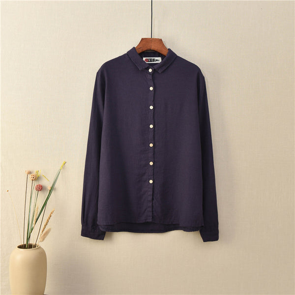 Women Casual Style Sand-washed Linen and Cotton Long Sleeve Shirt