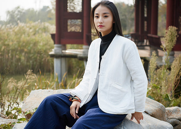 Women Casual Style Wrinkle Linen and Cotton Long Sleeve Quilted Cardigan Shirt