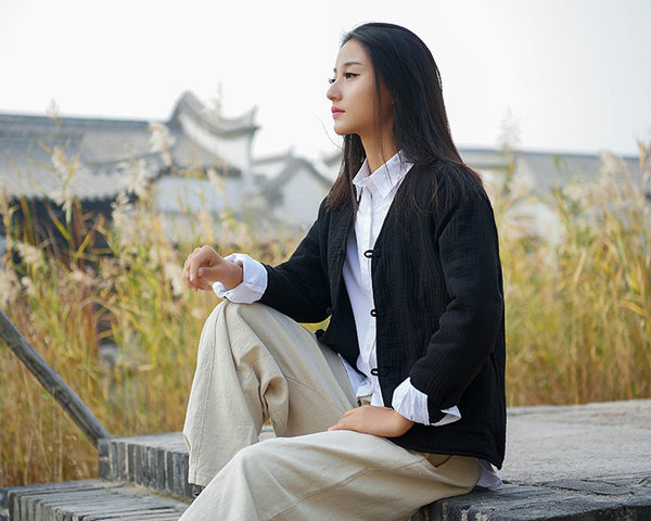 Women Casual Style Wrinkle Linen and Cotton Long Sleeve Quilted Cardigan Shirt