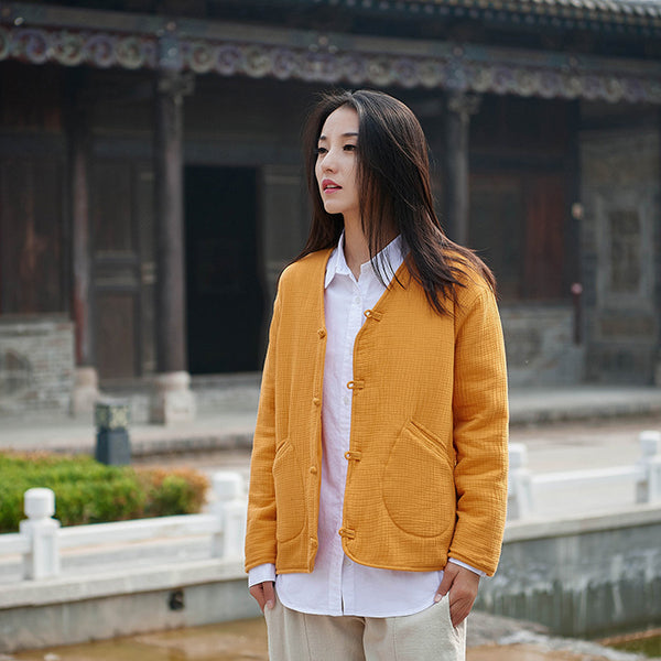 Women Casual Style Wrinkle Linen and Cotton Long Sleeve Quilted Cardigan Shirt