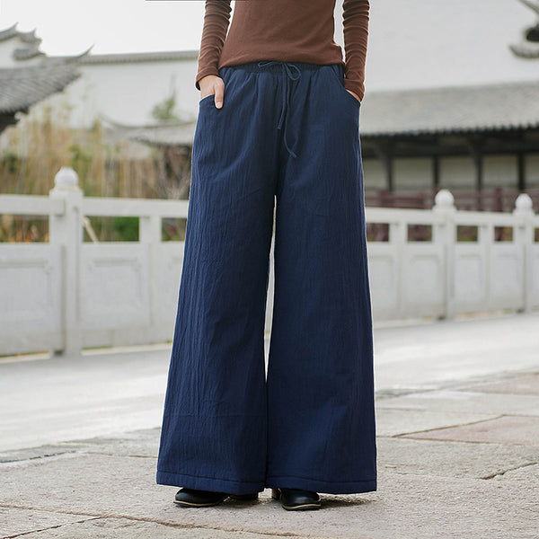 Women Linen and Cotton Wide Leg Quilted Pants