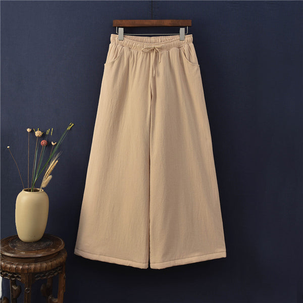 Women Linen and Cotton Wide Leg Quilted Pants