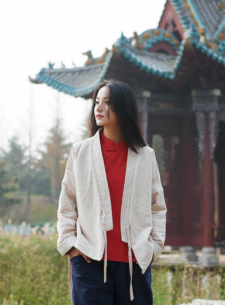 Women Eastern Zen Style Linen and Cotton Long Sleeve Quilted Short Coat