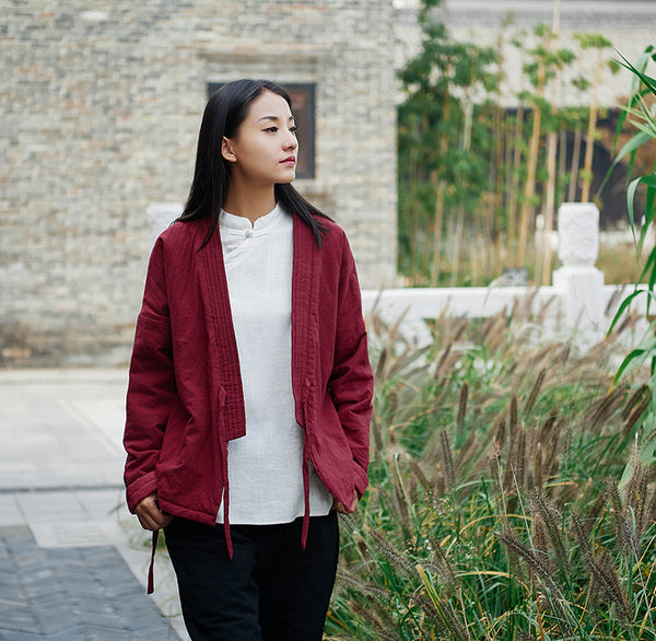 Women Eastern Zen Style Linen and Cotton Long Sleeve Quilted Short Coat