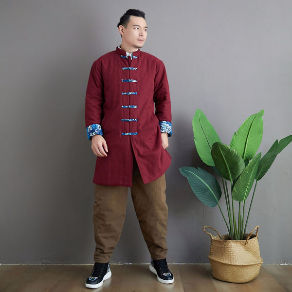 Men Asian KungFu Style Middle Length Linen and Cotton Quilted Coat