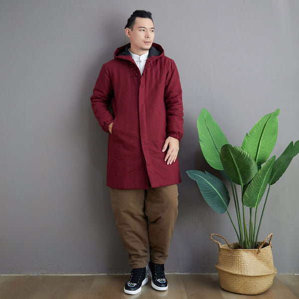 Men Simple Pure Color Style Middle Length Linen and Cotton Quilted Coat with Hoodie